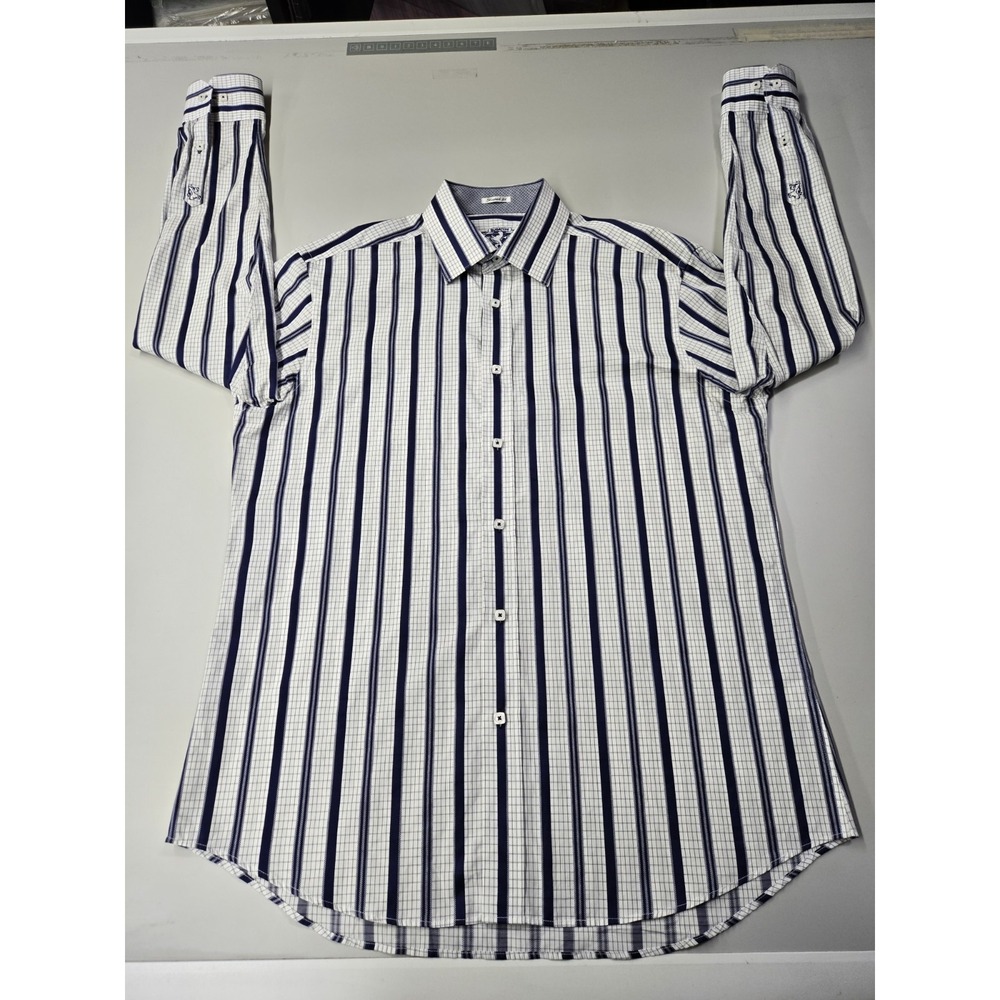 Bugatchi‎ Men's Cotton Blue Stripe Shaped Fit Shirt Size L